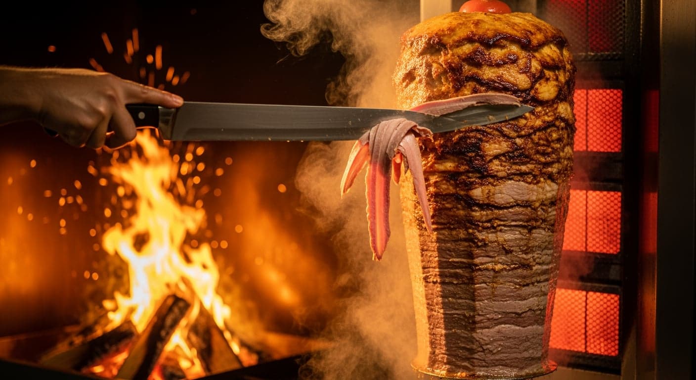 Turkish döner spit rotating over fire